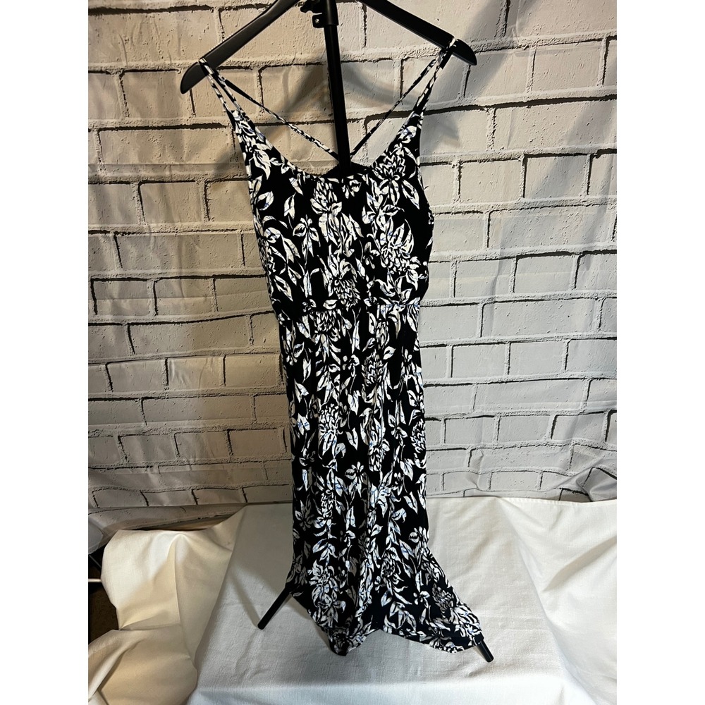 Ann Taylor LOFT Floral Maxi Dress Black White Blue Strappy Back Summer Small
